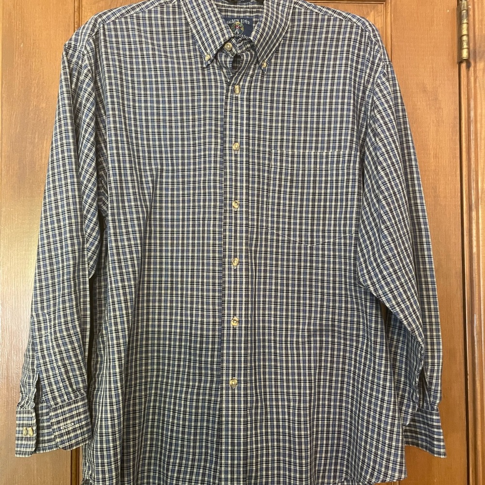 Salmon River Men's Blue‎ Checkered Button-Down Long Sleeve Shirt, Size Large